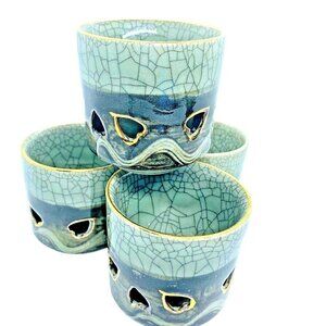 MCM Japanese Somayaki Green Glazed Crackleware Horse Four 3" Tea Cups